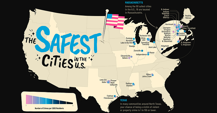 Safest cities in the USA, illustration Infographic illustration showing the safest cities in the USA as measured by the number of crimes reported per 1,000 residents., by VISUAL CAPITALIST SCIENCE PHOTO LIBRARY