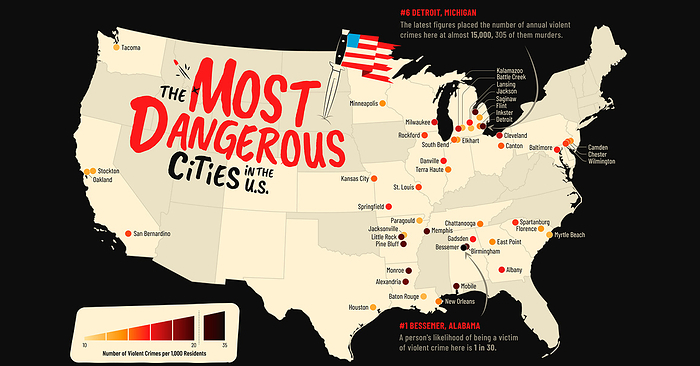 Most dangerous cities in the USA, illustration Infographic illustration showing the most dangerous cities in the USA as measured by the number of crimes reported per 1,000 residents., by VISUAL CAPITALIST SCIENCE PHOTO LIBRARY