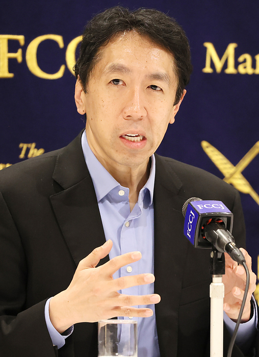 British American computer scientist Andrew Ng  Yan Tak Ng  speaks at the FCCJ February 1, 2024, Tokyo, Japan    British American computer scientist and a founder of Google Brain, now managing general partner of AI Fund Andrew Ng  Yan Tak Ng  speaks about artificial intelligence and machine learning at the Foreign Correpondents  Club of Japan in Tokyo on Thursday, February 1, 2024.    photo by Yoshio Tsunoda AFLO 