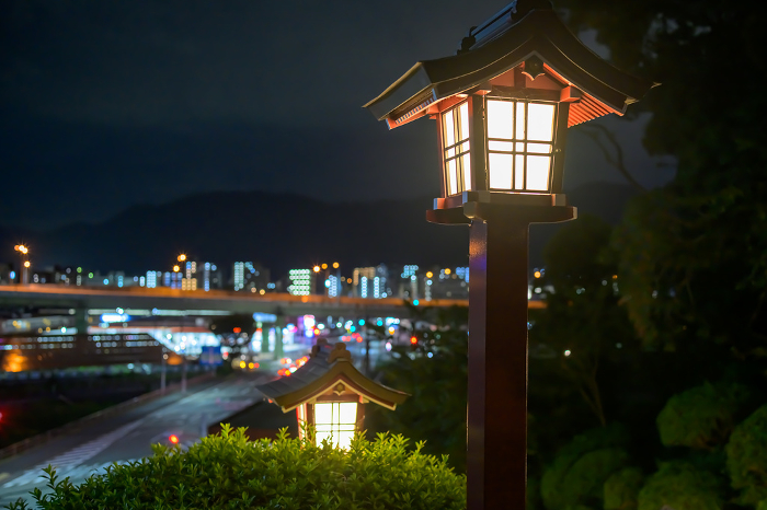 Lanterns and night view of Kokura Street from Shinozaki Shrine at night