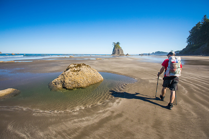 Rear view of backper hiking across beach in Olympic National Park, by Cavan Images / Christopher Kimmel / Alpine Edge Photography