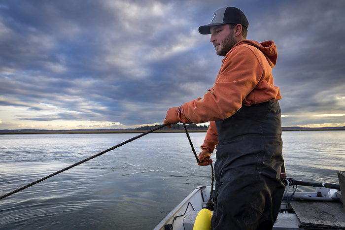 Commercial fisherman wearing waders working in fishing boat, by Cavan Images / Julia Cumes