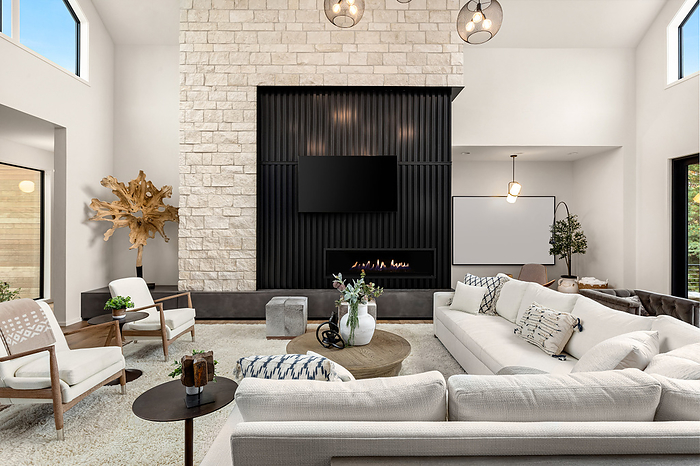 Living room in contemporary style luxury home, by Cavan Images / Justin Krug