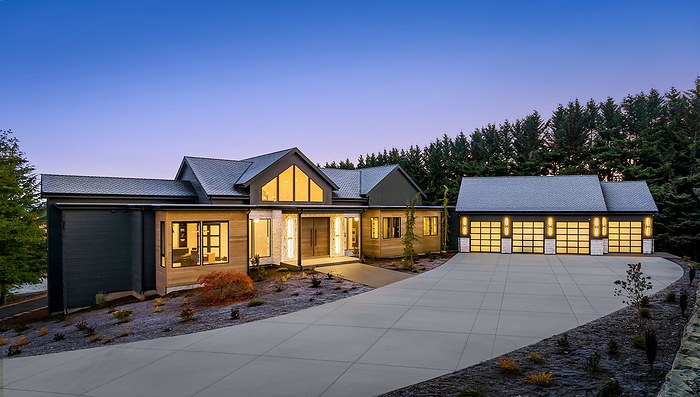 New Contemporary Style Luxury Home Exterior at Twilight, by Cavan Images / Justin Krug