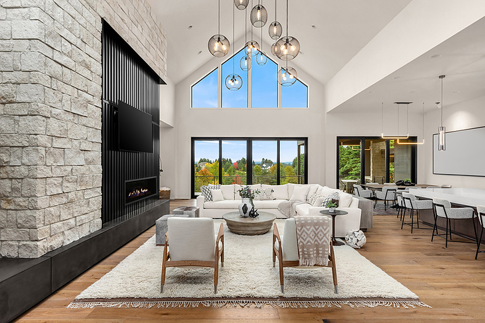 Living room in new contemporary style luxury home, by Cavan Images / Justin Krug