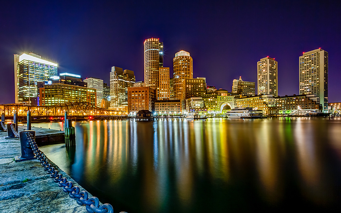 Downtown Boston Waterfront Skyline Night Photography, by Cavan Images / Toby Harriman
