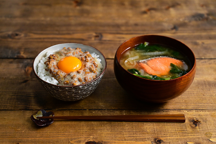 natto rice and salmon miso soup