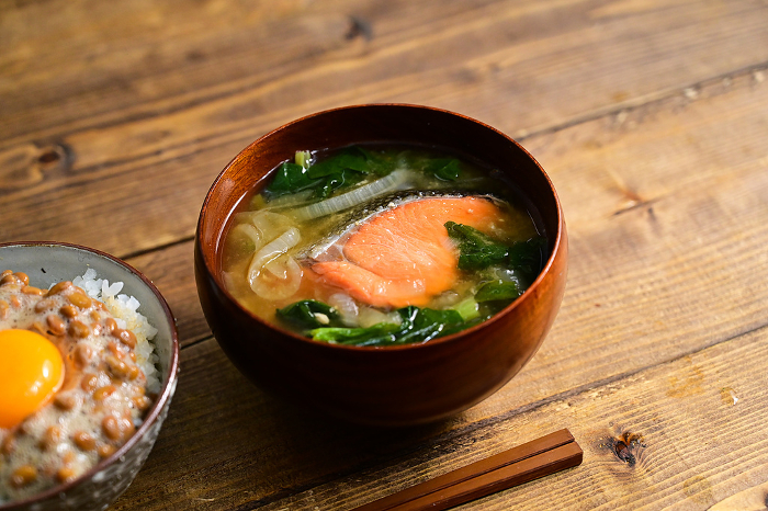natto rice and salmon miso soup