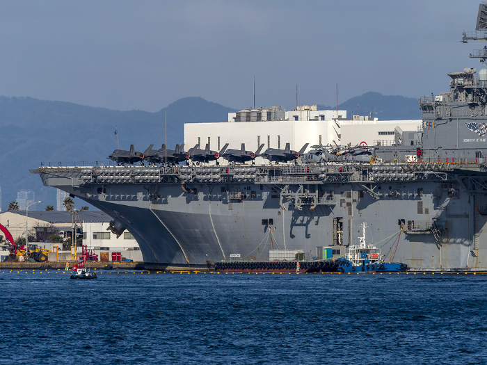 The U.S.S. America, a U.S.-class assault ship, anchored in Osaka's Nanko South Port