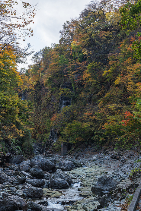 Autumn colored trees and waterfall at Koankyo in Yuzawa, Akita, Japan