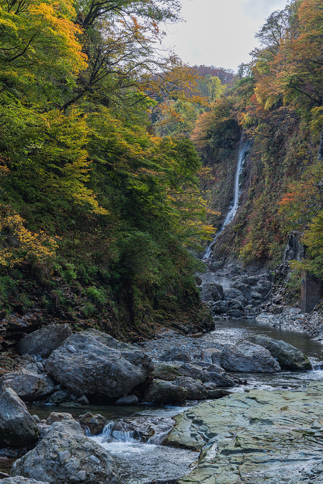 Autumn colored trees and waterfall at Koankyo in Yuzawa, Akita, Japan