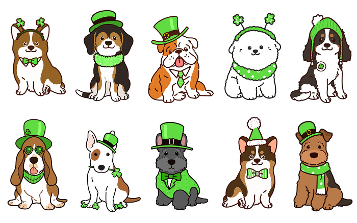 Simple and cute dog illustration set for the feast of St. Patrick, with main lines.