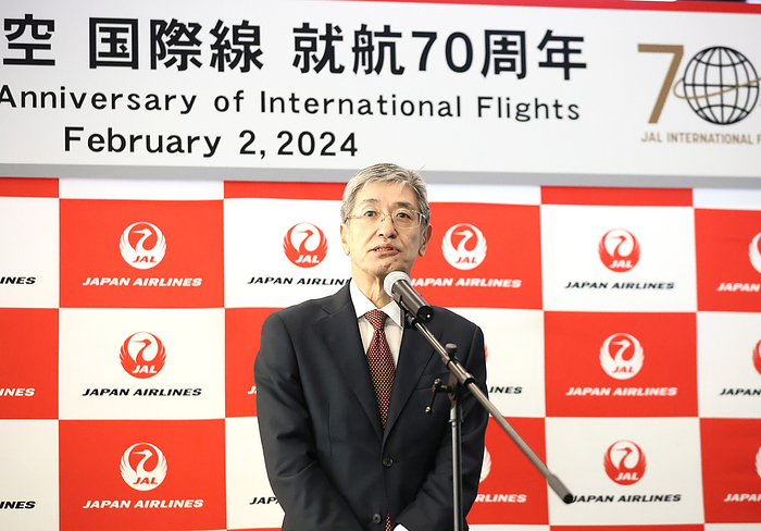Japan Airlies  JAL  celebrates the company s 70th anniversary of international flights February 2, 2024, Tokyo, Japan   Japan Airlines  JAL  president Yuji Akasaka delivers a speech to celebrate for the company s 70th anniversary of international flights before the commemoration flight bound for Honolulu, Hawaii at the Haneda airport in Tokyo on Friday, February 2, 2024.    photo by Yoshio Tsunoda AFLO 