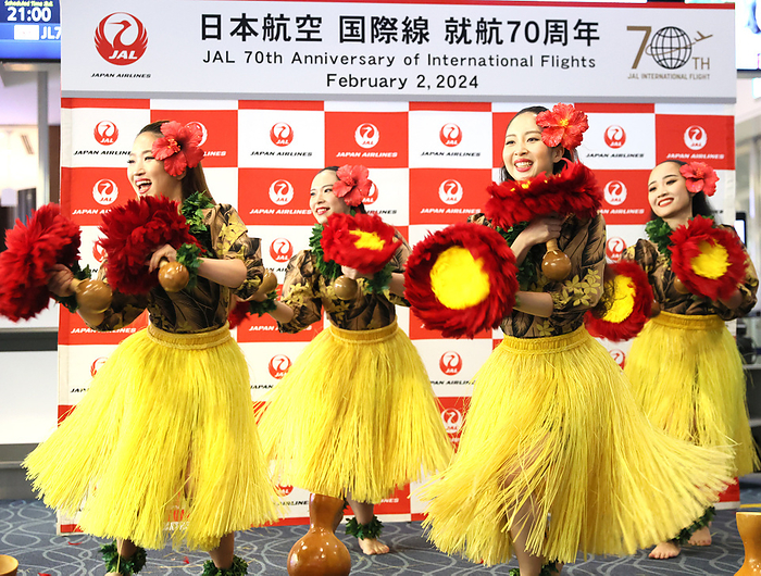 Japan Airlies  JAL  celebrates the company s 70th anniversary of international flights February 2, 2024, Tokyo, Japan   Japan Airlines  JAL  employee and hula dancers perform a hula to celebrate for the company s 70th anniversary of international flights before the commemoration flight bound for Honolulu, Hawaii at the Haneda airport in Tokyo on Friday, February 2, 2024.    photo by Yoshio Tsunoda AFLO 