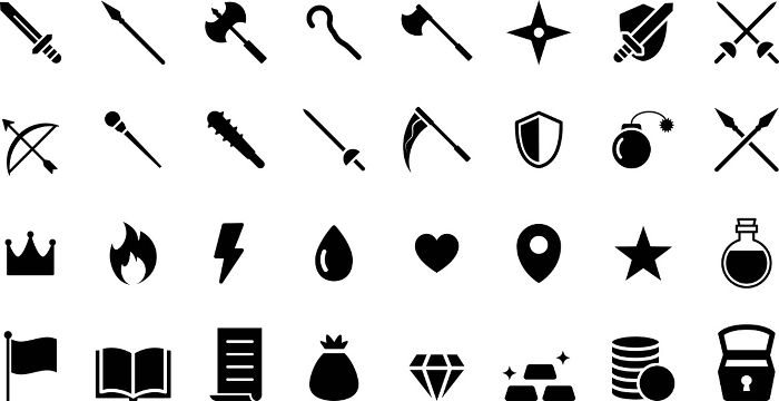 Icon set about RPG games in monochrome