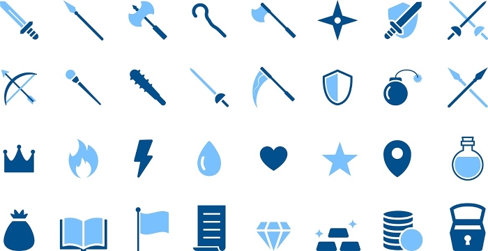 Icon set about RPG games in two blue colors