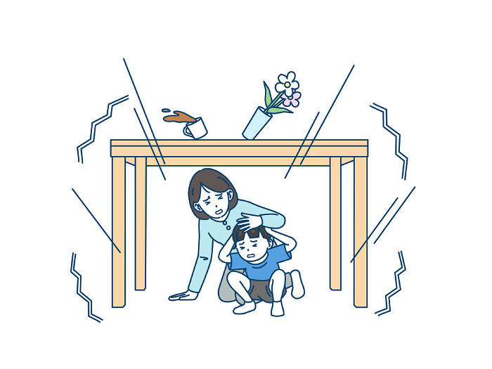 Clip art of parent and child hiding under a desk after an earthquake