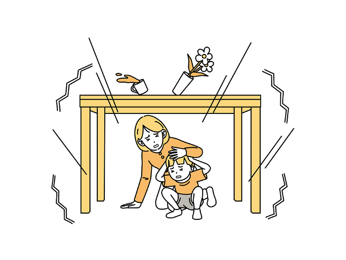 Clip art of parent and child hiding under a desk after an earthquake