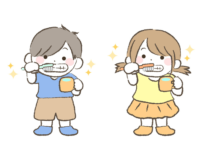 Boy and girl child brushing teeth1-1
