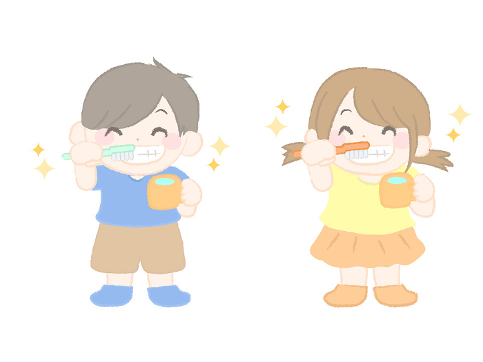 Boy and girl child brushing teeth2-2