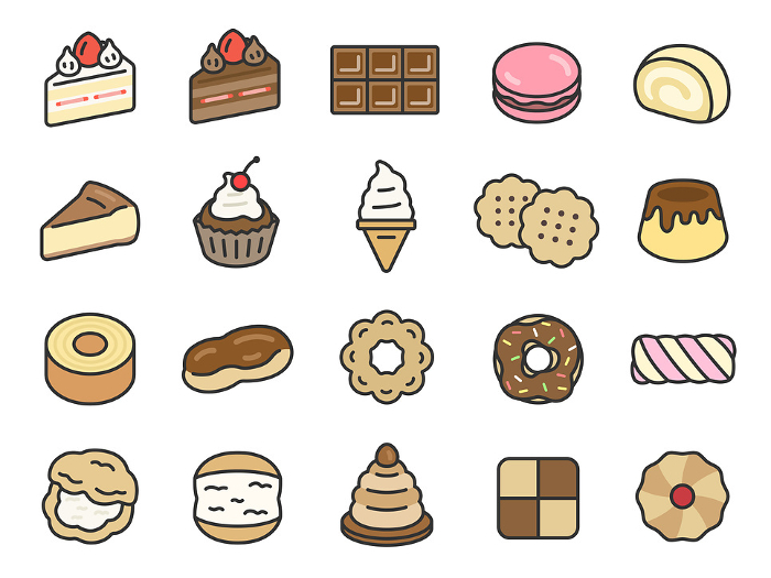 Illustration set of icons of sweets (line drawing color)