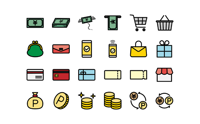 Colorful shopping line drawing icon set