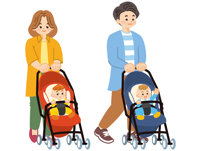 illustration of a parent and child pushing a stroller with a baby in it