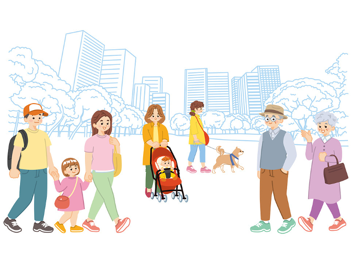 Clip art of people passing through park in city.