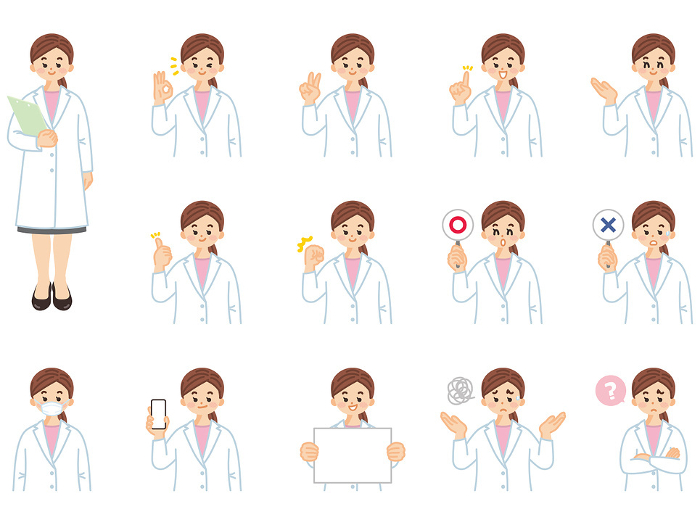 clip art set of facial expression and gesture of young female doctor in white coat