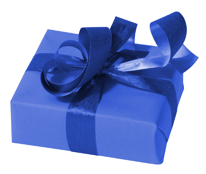 Box is wrapped in blue gift wrapping paper and blue ribbon on a white isolated background Box is wrapped in blue gift wrapping paper and blue ribbon on a white isolated background