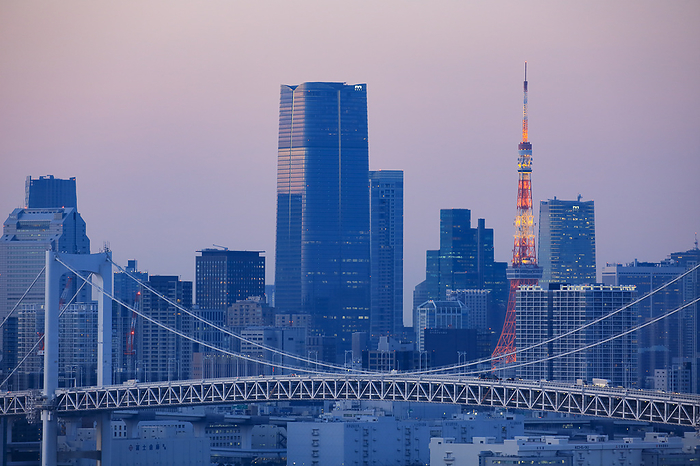 Rainbow Bridge and illuminated Tokyo Tower at dusk Tokyo Taken from the Telecom Center Observation Deck