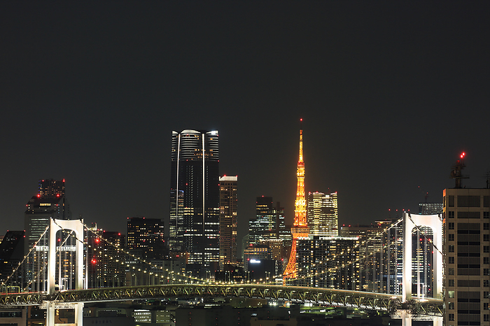 Illuminated Rainbow Bridge and Tokyo Tower, Tokyo Taken from the Telecom Center Observation Deck