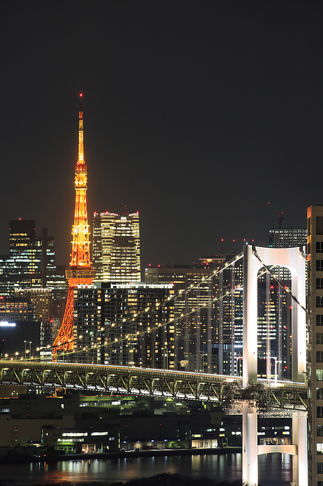 Illuminated Rainbow Bridge and Tokyo Tower, Tokyo Taken from the Telecom Center Observation Deck