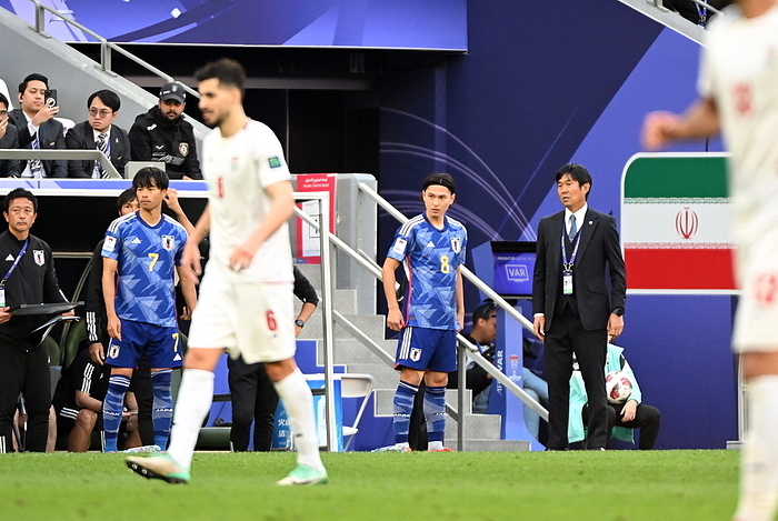 AFC Asian Cup Qatar 2023 Iran vs Japan Japan s Kaoru Mitoma and Takumi Minamino prepare to come on as a substitute during the AFC Asian Cup Qatar 2023 Quarter final match between Iran 2 1 Japan at Education City Stadium in Al Rayyan, Qatar, February 3, 2024.  Photo by JFA AFLO 