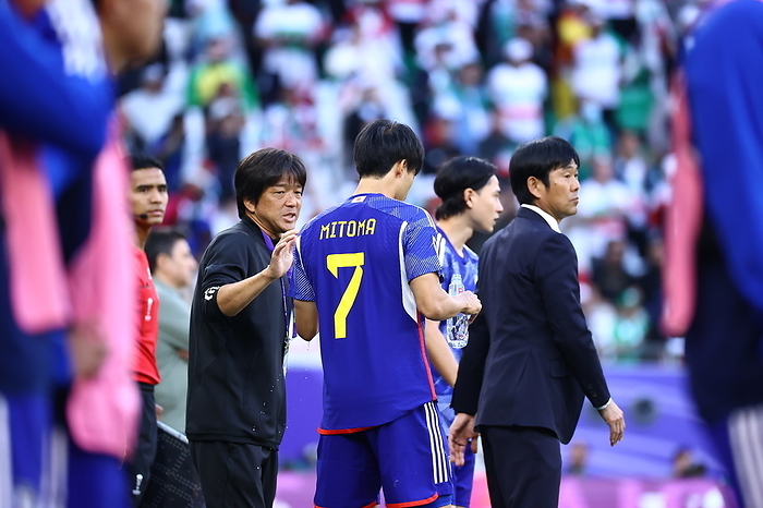 AFC Asian Cup Qatar 2023 Iran vs Japan Japan s Kaoru Mitoma and Takumi Minamino prepare to come on as a substitute during the AFC Asian Cup Qatar 2023 Quarter final match between Iran 2 1 Japan at Education City Stadium in Al Rayyan, Qatar, February 3, 2024.  Photo by JFA AFLO 