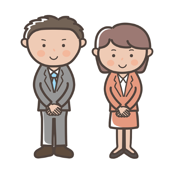 Clip art of male and female businessmen and women standing with their hands folded facing forward