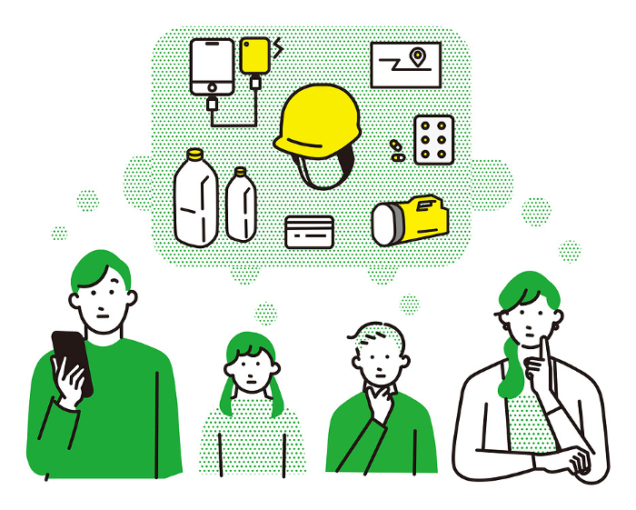 Family discussing disaster prevention - vector icon set illustration