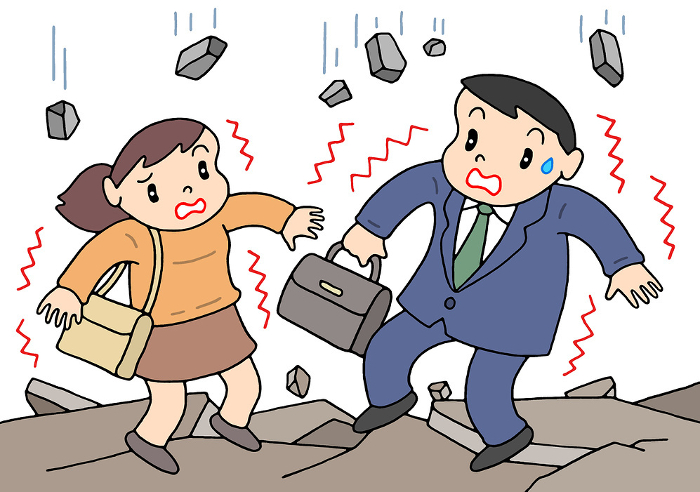 Clip art of natural disaster - earthquake, ground crack, falling objects overhead