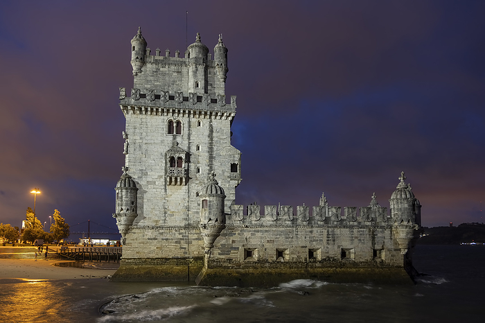 Portugal, Lisbon District, Lisbon, Belem tower at night
