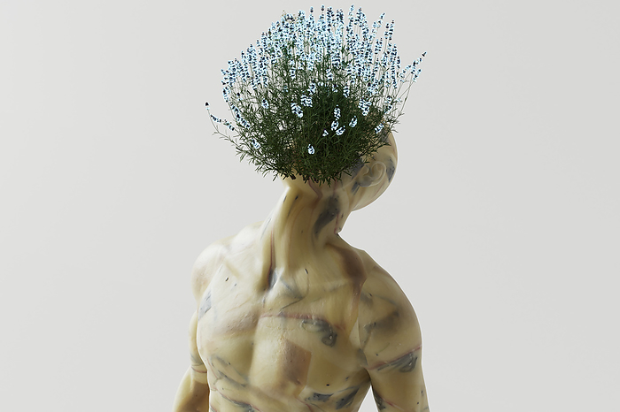 3D render of flowers growing on head of shirtless man