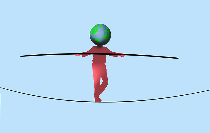 Man with planet Earth instead of head walking along tightrope with pole in hands