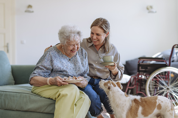 Happy senior woman holding plate with healthcare worker sitting on sofa near dog at home