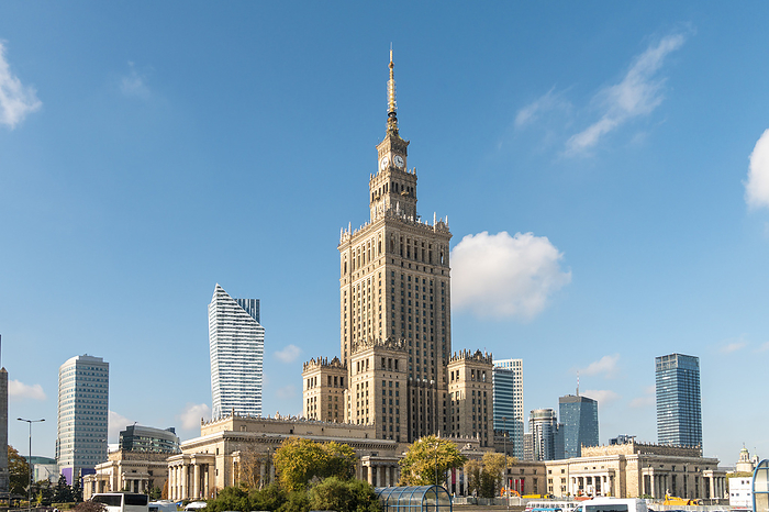 Poland, Mazowieckie, Warsaw, Palace of Culture and Science and surrounding skyscrapers
