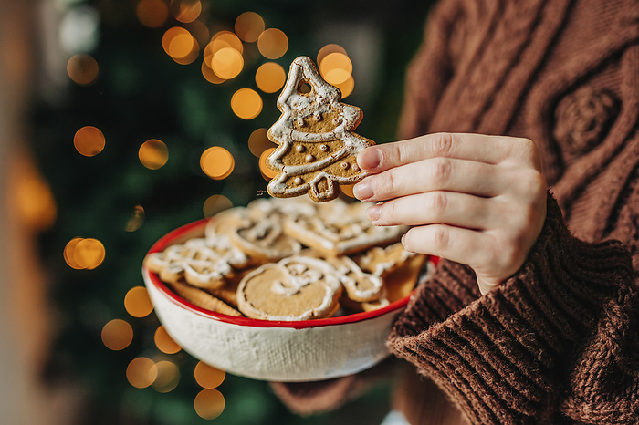 Woman holding gingerbread cookies at home