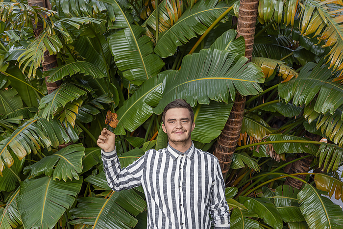 Smiling young man standing in front of leaves in rainforest