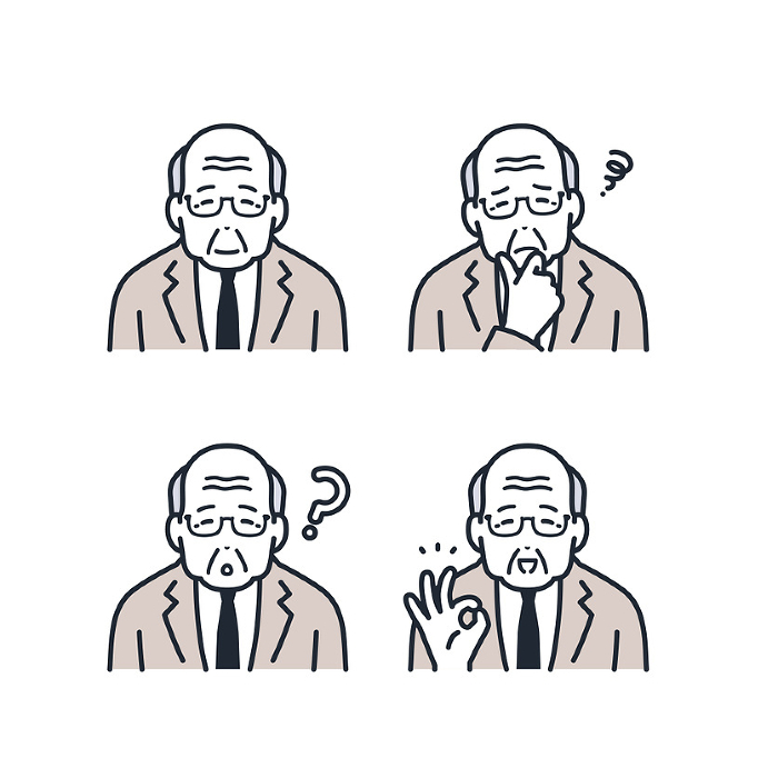 senior man in suit expression icons illustration set