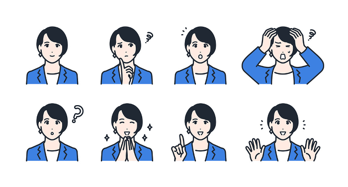 young woman in suit expression icons illustration set