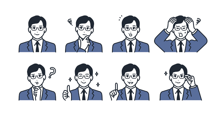 middle man in suit expression icons illustration set