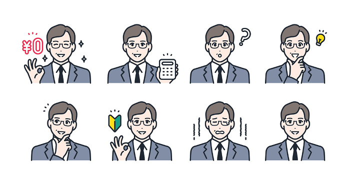 middle man in suit expression icons illustration set