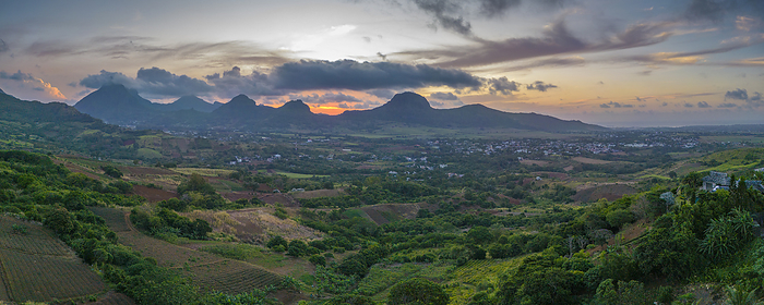 Aerial view of Long Mountain at sunset from near Congomah, Mauritius, Indian Ocean, Africa Aerial view of Long Mountain at sunset from near Congomah, Mauritius, Indian Ocean, Africa, by Frank Fell